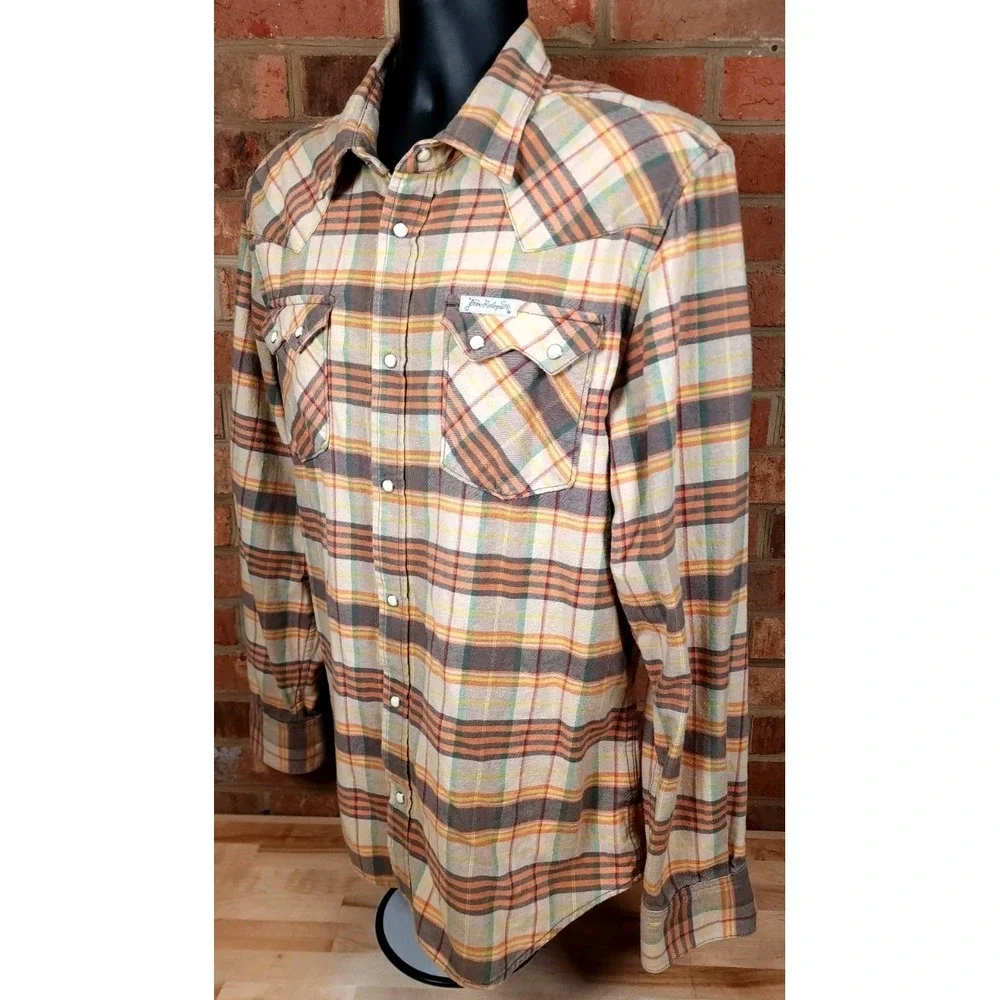 True Religion Shirt Men Tag Size 2XL Fits Large Beige Plaid Pearl Snap